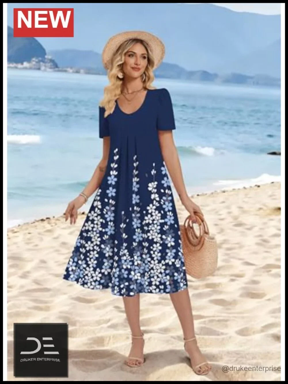 Women's Casual Floral Midi Sundress with Pockets V Neck Pleated Short Sleeve